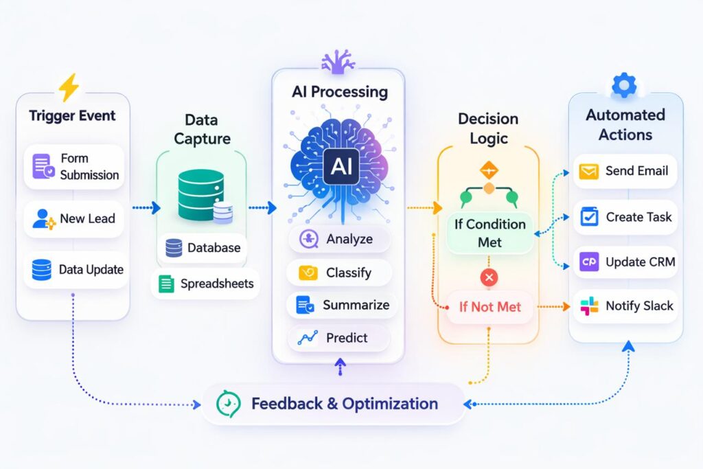 AI agent workflow showing autonomous task execution and business automation