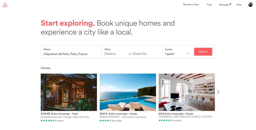 Airbnb mobile application used to search and book accommodation