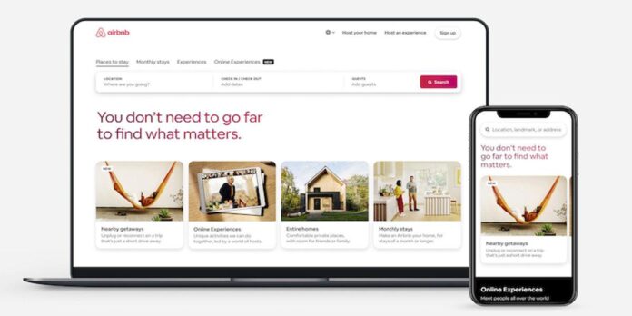 Airbnb homepage showing the company's online marketplace for short-term rentals