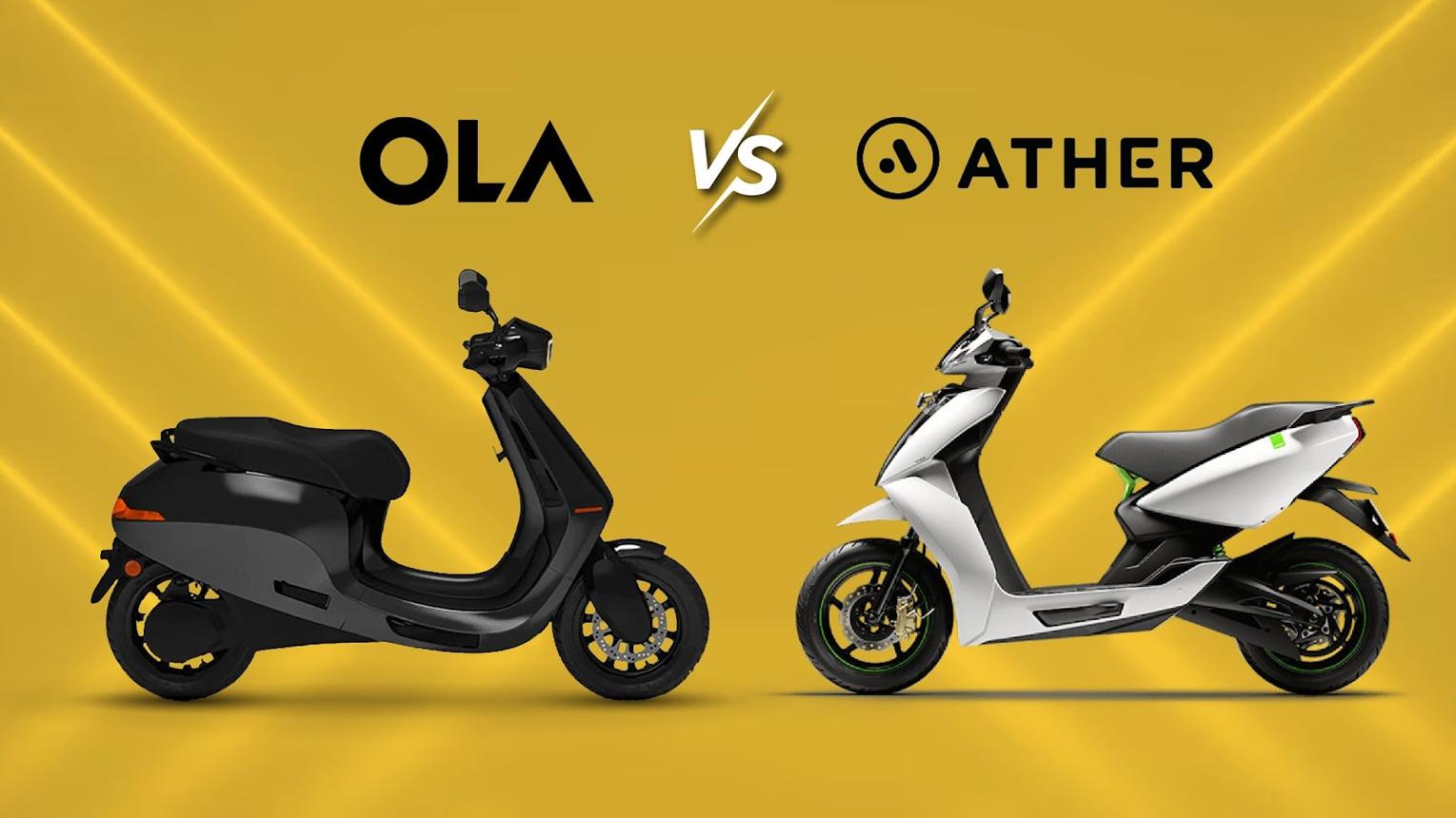 Ather Energy and Ola Electric scooters representing two different strategies in India's electric two-wheeler market.