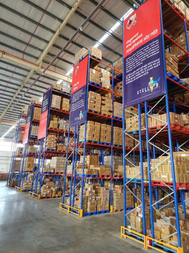Warehouse and fulfillment center supporting Indian direct-to-consumer brands with order packaging and shipping.