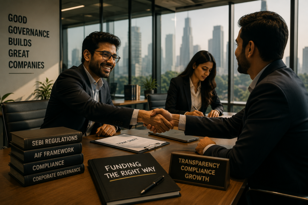 Startup founder meeting investors to discuss fundraising and regulatory compliance