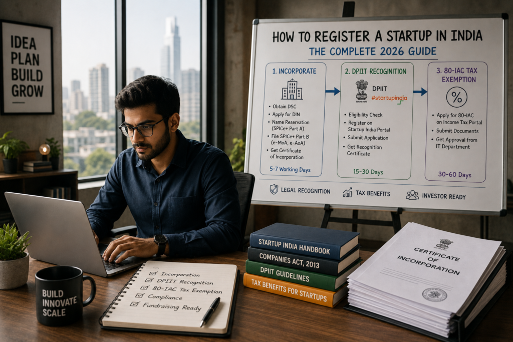 Founder registering a startup in India with company incorporation and DPIIT recognition.