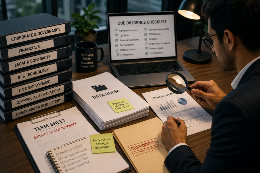 Investor reviewing startup due diligence documents before investment.