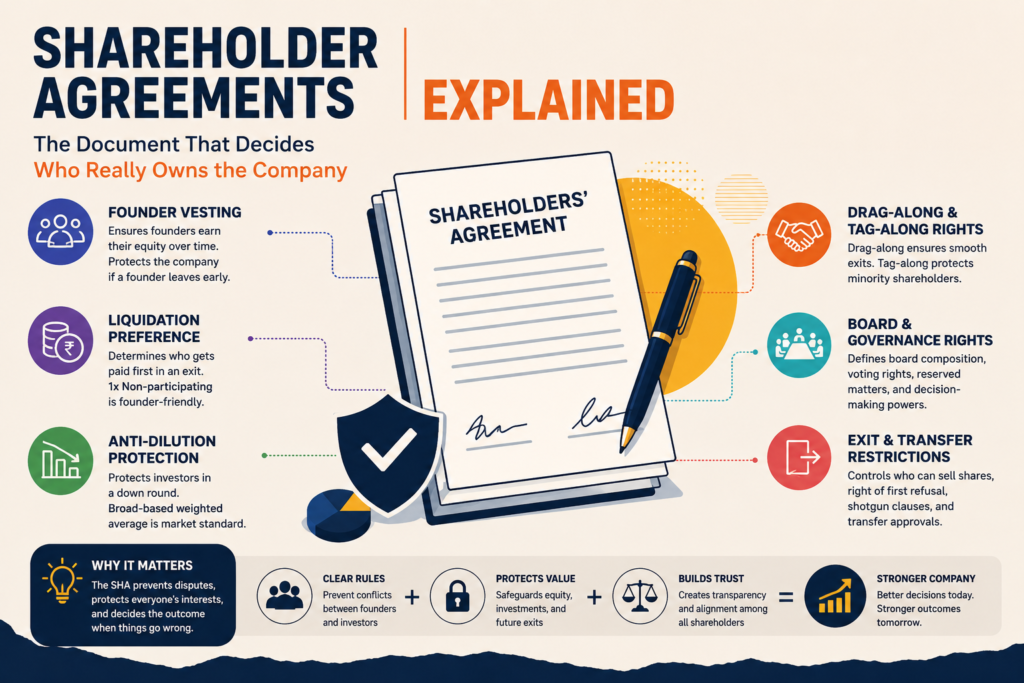 Shareholder agreement outlining founder ownership, investor rights, and startup governance