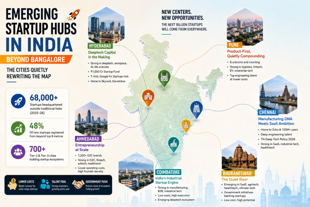 Map highlighting India's emerging startup hubs beyond Bangalore.