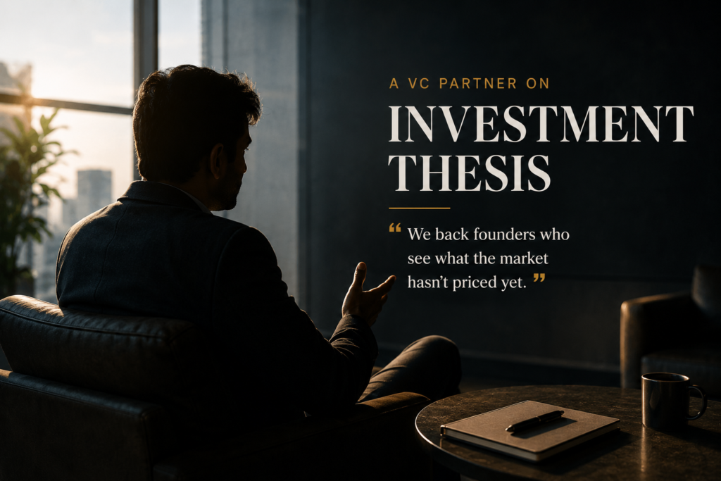 Venture capital partner discussing investment strategy and evaluating startup opportunities through a long-term investment thesis.