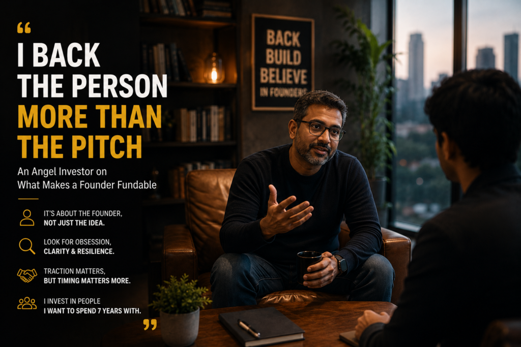 Angel investor in conversation with a startup founder, evaluating founder potential beyond the business pitch.