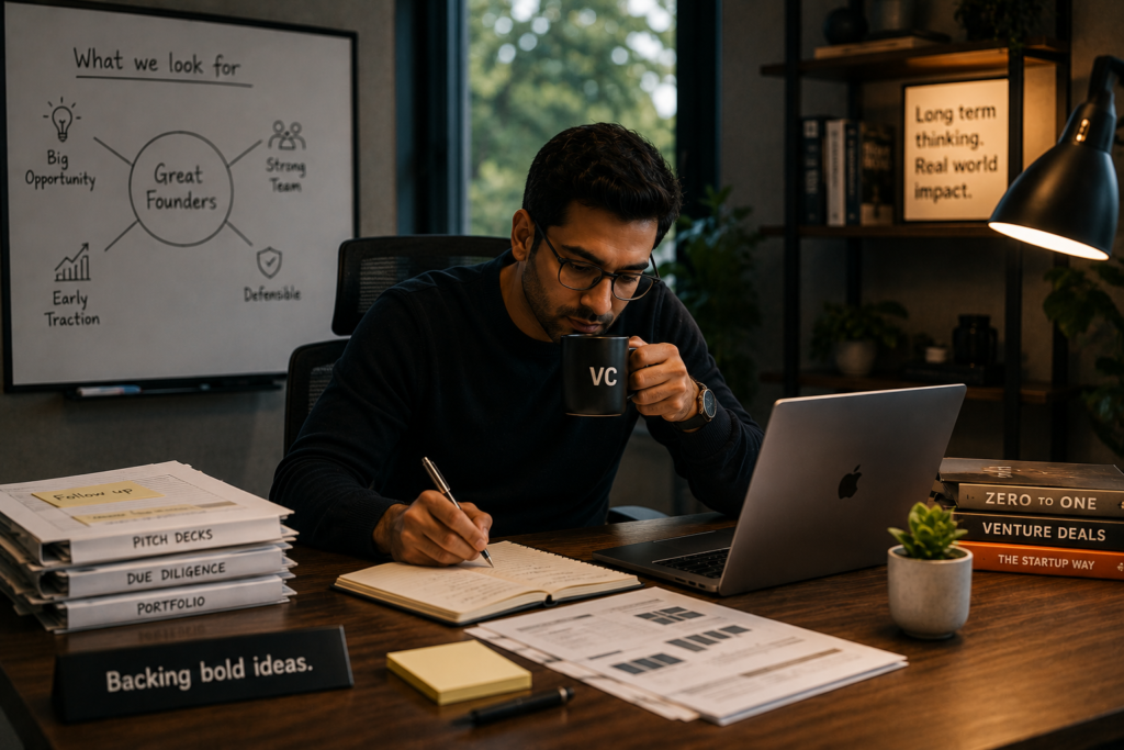 Venture capitalist reviewing startup pitches and investment opportunities.