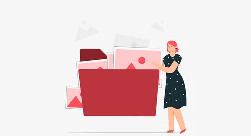 Illustration of a woman organizing documents and images into a large folder, representing the creation and organization of a startup press kit.