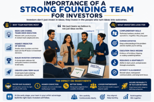 Infographic illustrating why investors prioritize a strong founding team, highlighting complementary skills, execution ability, leadership, resilience, and investor confidence in startup success.