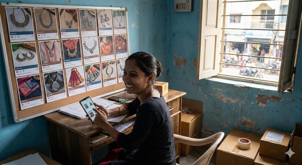 Indian woman using WhatsApp Business and social media to run an online resale business from home.