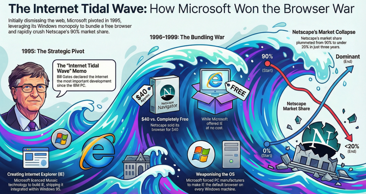 Infographic explaining how Microsoft won the browser wars by bundling Internet Explorer with Windows, leading to Netscape's decline.