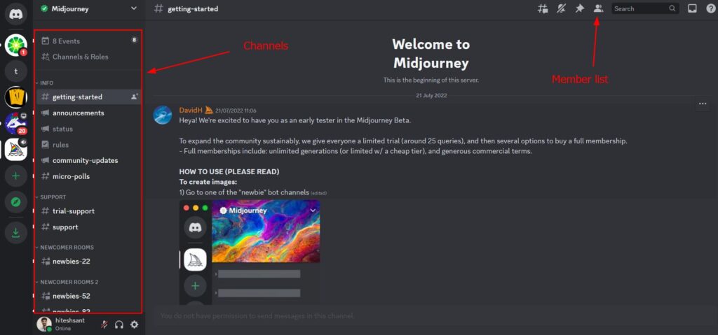 Midjourney running on Discord where creators generate and share AI artwork through the community platform.