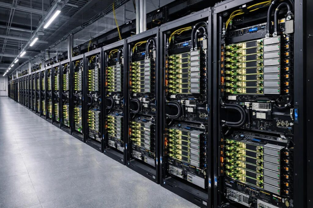 AI data center with GPU servers powering artificial intelligence training and inference workloads