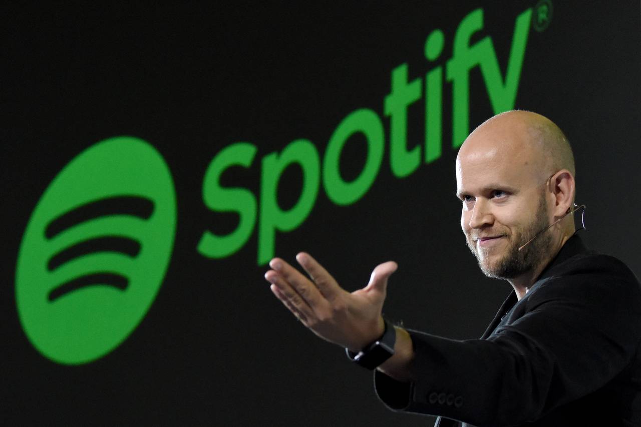 Spotify founder Daniel Ek presenting the company's vision for AI-powered music recommendations and personalized streaming.
