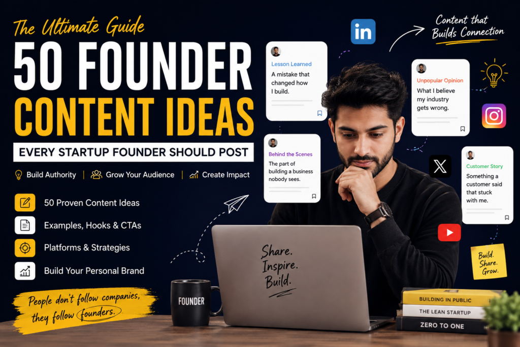 50 Founder Content Ideas guide featuring a startup founder building a personal brand through LinkedIn, Instagram and content marketing