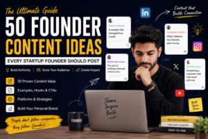 50 Founder Content Ideas guide featuring a startup founder building a personal brand through LinkedIn, Instagram and content marketing