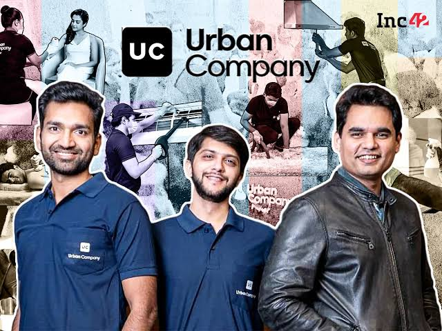 Abhiraj Bhal, Varun Khaitan, and Raghav Chandra, co-founders of Urban Company, featured alongside the Urban Company logo representing India's leading home services marketplace.