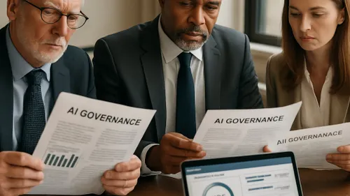 Business professionals reviewing AI governance documents alongside a digital dashboard, representing artificial intelligence regulation, compliance, risk management, and corporate oversight.