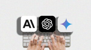 AI platform icons displayed above hands typing on a keyboard, representing advanced artificial intelligence models and growing regulatory oversight of AI safety and security incidents.