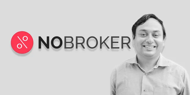 Amit Kumar Agarwal, co-founder and CEO of NoBroker, with the NoBroker logo representing India's leading broker-free real estate and PropTech platform.