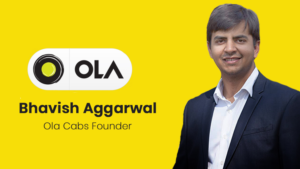 Bhavish Aggarwal, founder of Ola and Krutrim AI, standing beside the Ola logo. Entrepreneur behind India's mobility platform and AI startup Krutrim.
