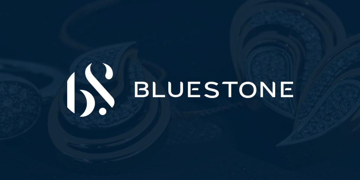 BlueStone logo displayed against a jewellery-themed background, representing the company's strong Q1 FY27 financial performance and retail expansion in India.