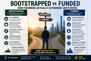 Bootstrapped vs funded startups comparison infographic showing the key differences in ownership, growth, funding, control, risk, and founder experience for entrepreneurs.