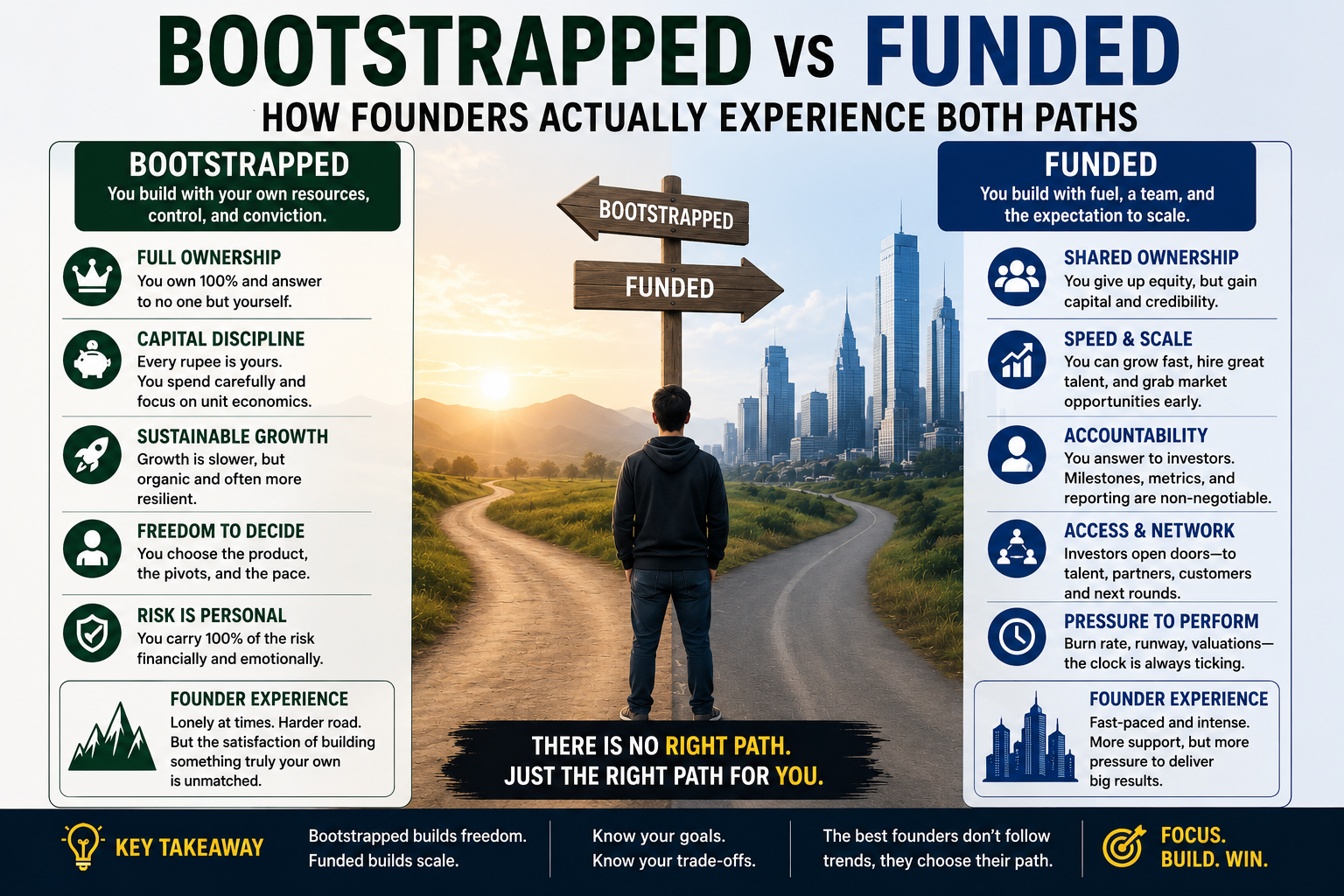 Bootstrapped vs funded startups comparison infographic showing the key differences in ownership, growth, funding, control, risk, and founder experience for entrepreneurs.