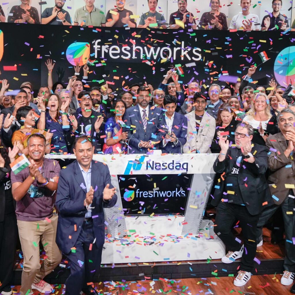 Freshworks celebrating its Nasdaq IPO as India's first publicly listed SaaS company.