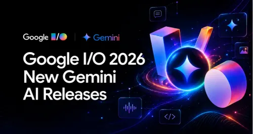 Google I/O 2026 graphic highlighting new Gemini AI releases and Google’s expanding agentic artificial intelligence ecosystem.
