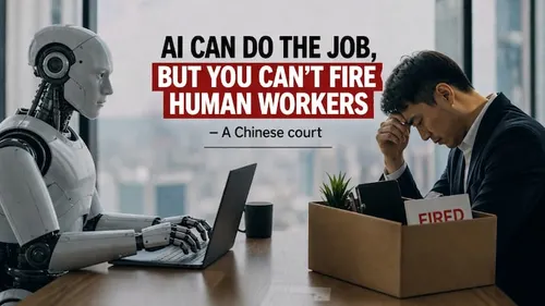 An illustration showing an AI robot working at a laptop while a human employee leaves with a box, highlighting the debate over AI replacing workers and China's legal stance on AI-driven layoffs.
