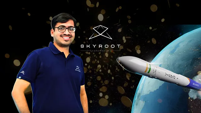Pawan Kumar Chandana, co-founder and CEO of Skyroot Aerospace, with the Skyroot logo and Vikram rocket representing India's first private space launch company.