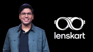 Peyush Bansal, co-founder and CEO of Lenskart, standing beside the Lenskart logo, representing India's leading omnichannel eyewear company.