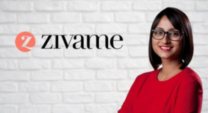 Richa Kar, founder of Zivame, standing beside the Zivame logo, representing India's leading online lingerie and intimate wear brand.