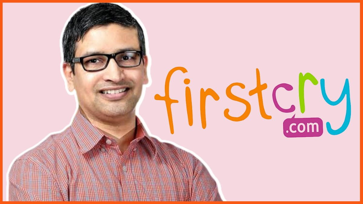 Supam Maheshwari, co-founder and CEO of FirstCry, standing beside the FirstCry logo, representing Asia's largest baby and kids retail platform.
