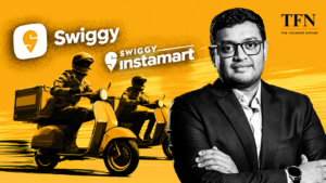 Illustration of Swiggy delivery riders alongside Swiggy branding and CEO Sriharsha Majety, representing the company's multi-service platform strategy across food delivery and quick commerce.