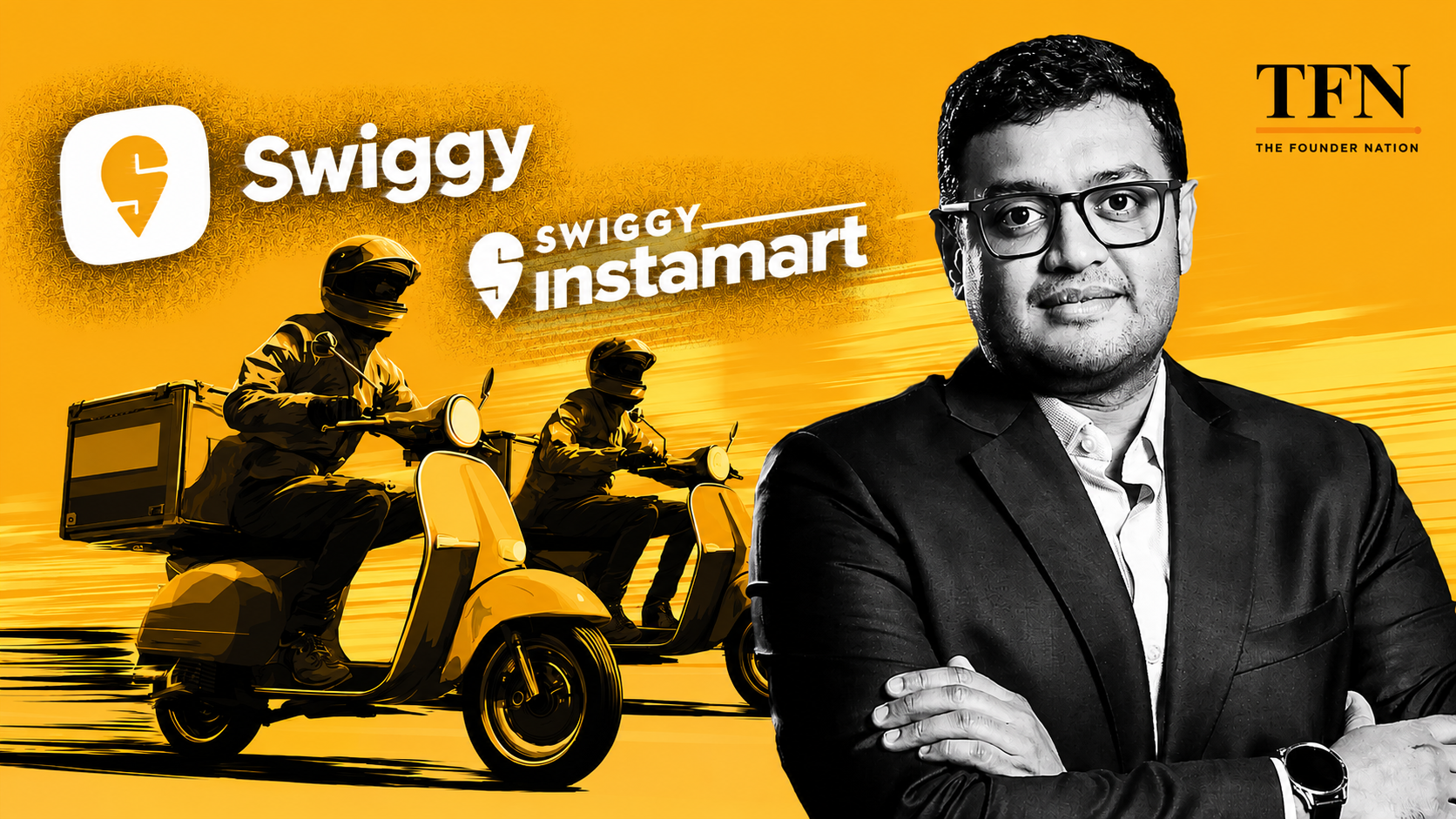Illustration of Swiggy delivery riders alongside Swiggy branding and CEO Sriharsha Majety, representing the company's multi-service platform strategy across food delivery and quick commerce.