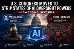 Editorial infographic showing the U.S. Capitol, a glowing AI symbol, a judge’s gavel, and a chained map of the United States, representing proposed federal control over AI model regulation and limits on state oversight.