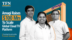 Amagi founders and leadership team featured in an editorial graphic about the company raising $100 million to scale its global cloud TV platform.