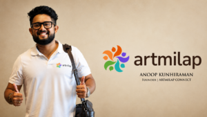 Artmilap founder Anoop KV showcasing the startup's brand and vision