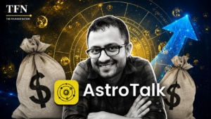 AstroTalk founder featured in a TFN editorial graphic with astrology and financial growth visuals