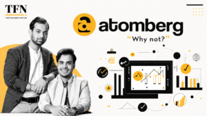 Editorial illustration featuring Atomberg founders with analytics graphics, showcasing the Indian smart home and consumer electronics startup's growth and innovation.