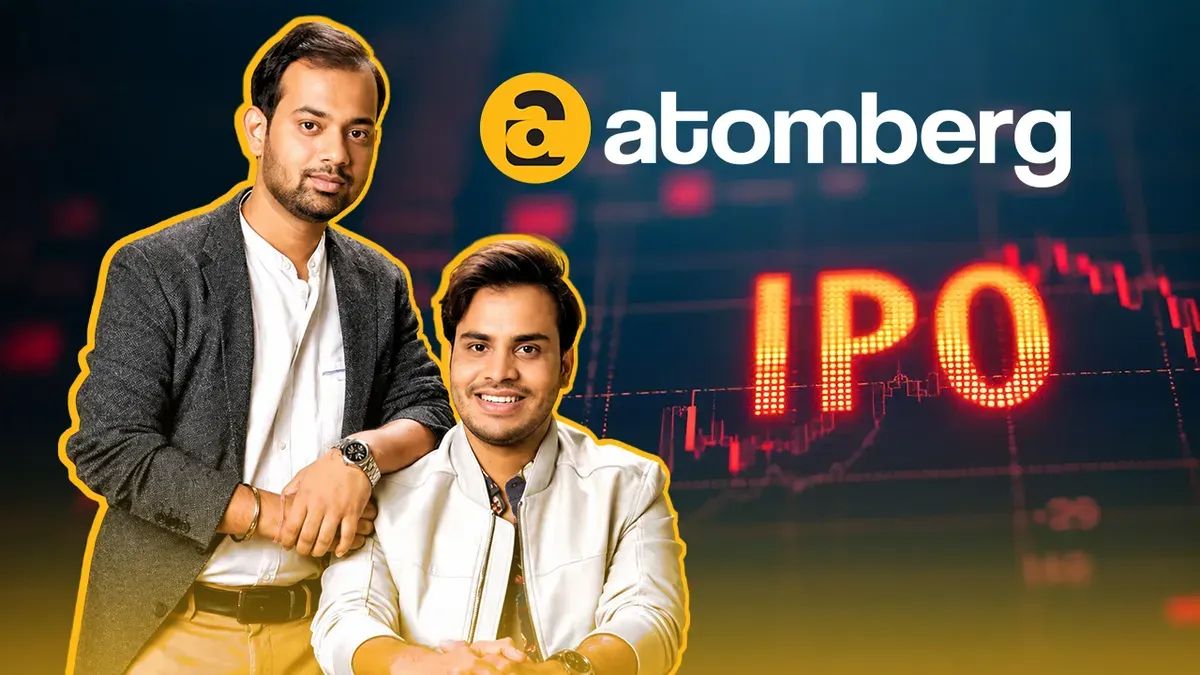 Atomberg founders featured alongside the company logo and IPO-themed stock market graphics.