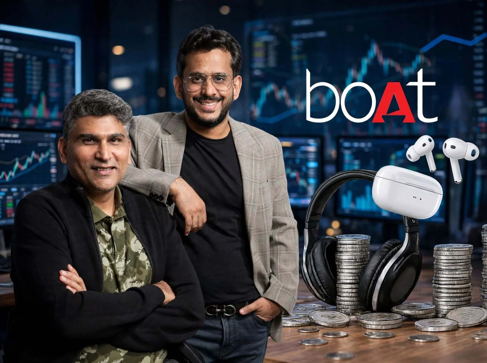 boAt founders with headphones and wireless earbuds, representing the Indian consumer electronics and audio brand.