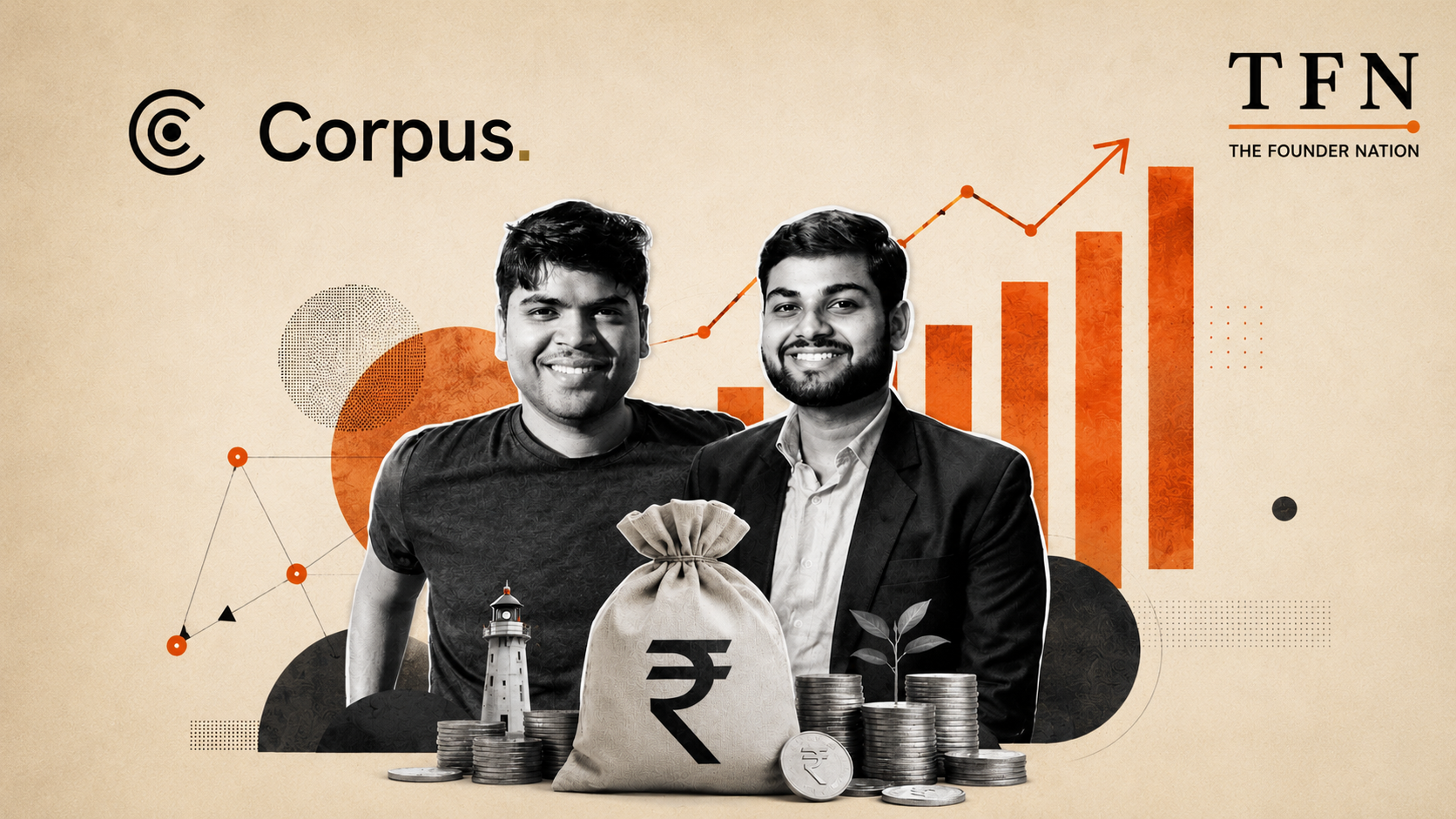 Corpus founders featured with financial growth charts, rupee symbol, and funding illustration