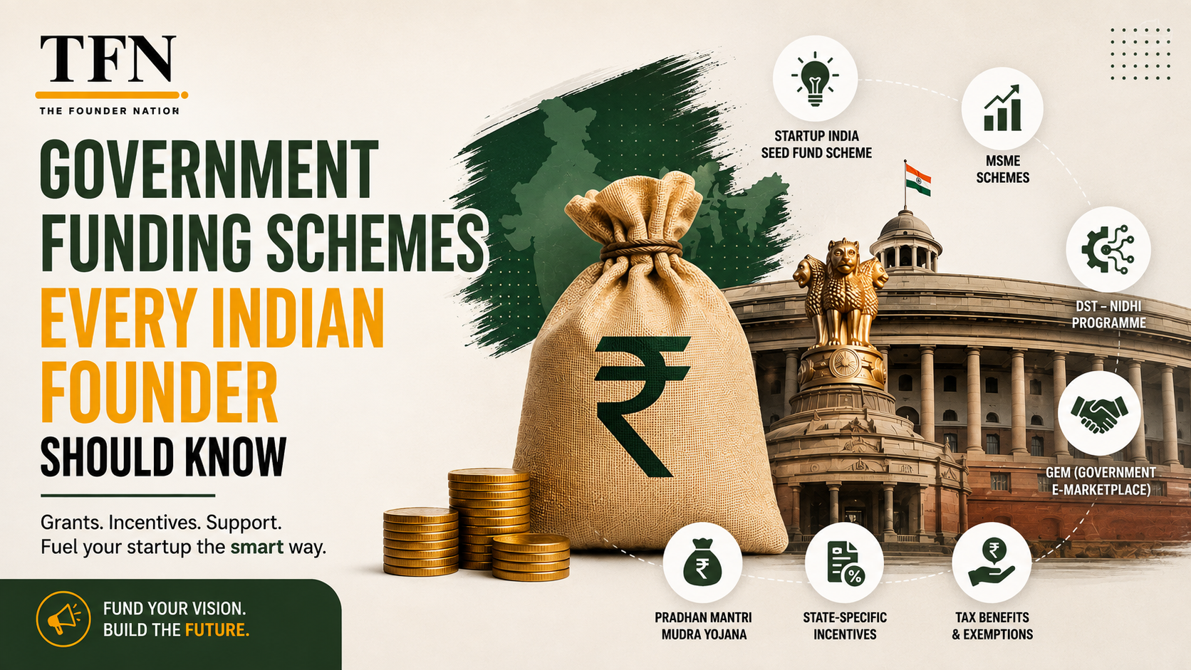 Government funding schemes and startup support programs every Indian founder should know, including Startup India, MSME, MUDRA and DST-NIDHI.