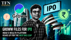 Groww co-founder with IPO and fintech-themed background representing the company’s growth and public market journey.
