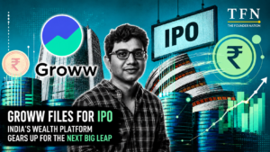 Groww co-founder with IPO and fintech-themed background representing the company’s growth and public market journey.